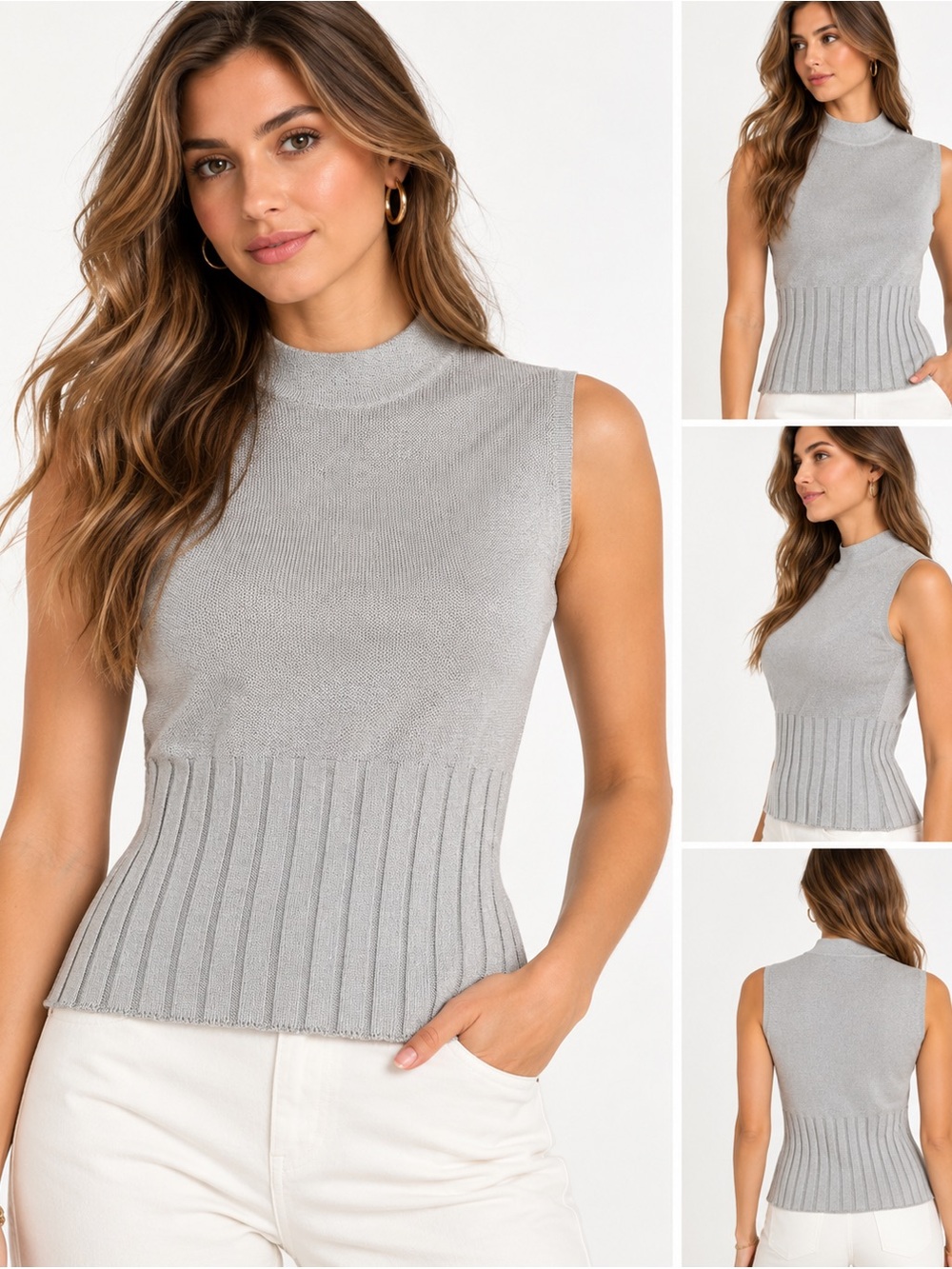 Vintage St. John Sport Metallic Silver Knit Mock Neck Top